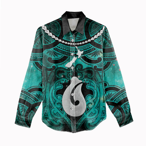Personalised Maori Matariki Hei Matau Turquoise Women Casual Shirt Maori Kowhaiwhai Pattern Galaxy