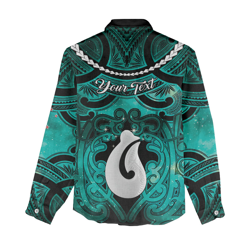 Personalised Maori Matariki Hei Matau Turquoise Women Casual Shirt Maori Kowhaiwhai Pattern Galaxy
