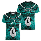 Personalised Maori Matariki Hei Matau Turquoise Women V-Neck T-Shirt Maori Kowhaiwhai Pattern Galaxy