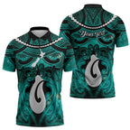 Personalised Maori Matariki Hei Matau Turquoise Zipper Polo Shirt Maori Kowhaiwhai Pattern Galaxy