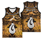 Personalised Maori Matariki Hei Matau Kowhai Basketball Jersey Maori Kowhaiwhai Pattern Galaxy