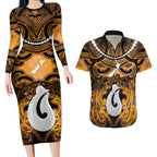 Personalised Maori Matariki Hei Matau Kowhai Couples Matching Long Sleeve Bodycon Dress and Hawaiian Shirt Maori Kowhaiwhai Pattern Galaxy