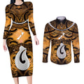 Personalised Maori Matariki Hei Matau Kowhai Couples Matching Long Sleeve Bodycon Dress and Long Sleeve Button Shirt Maori Kowhaiwhai Pattern Galaxy