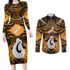Personalised Maori Matariki Hei Matau Kowhai Couples Matching Long Sleeve Bodycon Dress and Long Sleeve Button Shirt Maori Kowhaiwhai Pattern Galaxy