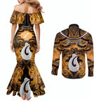 Personalised Maori Matariki Hei Matau Kowhai Couples Matching Mermaid Dress and Long Sleeve Button Shirt Maori Kowhaiwhai Pattern Galaxy