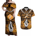 Personalised Maori Matariki Hei Matau Kowhai Couples Matching Off Shoulder Maxi Dress and Hawaiian Shirt Maori Kowhaiwhai Pattern Galaxy
