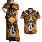Personalised Maori Matariki Hei Matau Kowhai Couples Matching Off Shoulder Maxi Dress and Hawaiian Shirt Maori Kowhaiwhai Pattern Galaxy