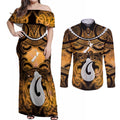 Personalised Maori Matariki Hei Matau Kowhai Couples Matching Off Shoulder Maxi Dress and Long Sleeve Button Shirt Maori Kowhaiwhai Pattern Galaxy