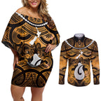 Personalised Maori Matariki Hei Matau Kowhai Couples Matching Off Shoulder Short Dress and Long Sleeve Button Shirt Maori Kowhaiwhai Pattern Galaxy