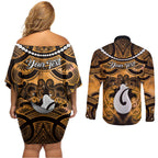 Personalised Maori Matariki Hei Matau Kowhai Couples Matching Off Shoulder Short Dress and Long Sleeve Button Shirt Maori Kowhaiwhai Pattern Galaxy