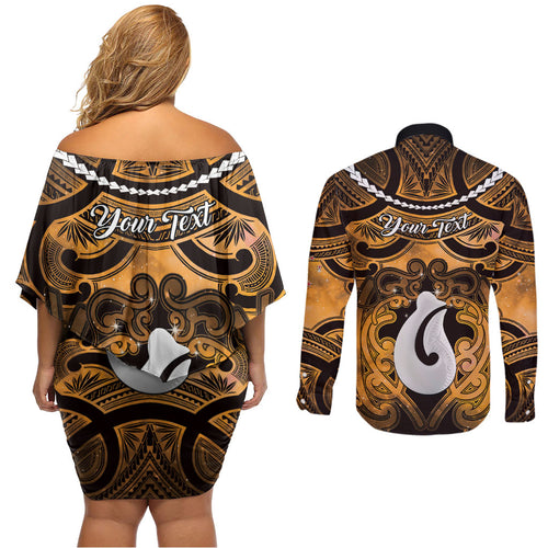 Personalised Maori Matariki Hei Matau Kowhai Couples Matching Off Shoulder Short Dress and Long Sleeve Button Shirt Maori Kowhaiwhai Pattern Galaxy