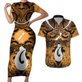 Personalised Maori Matariki Hei Matau Kowhai Couples Matching Short Sleeve Bodycon Dress and Hawaiian Shirt Maori Kowhaiwhai Pattern Galaxy