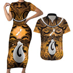 Personalised Maori Matariki Hei Matau Kowhai Couples Matching Short Sleeve Bodycon Dress and Hawaiian Shirt Maori Kowhaiwhai Pattern Galaxy