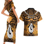Personalised Maori Matariki Hei Matau Kowhai Couples Matching Short Sleeve Bodycon Dress and Hawaiian Shirt Maori Kowhaiwhai Pattern Galaxy