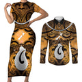 Personalised Maori Matariki Hei Matau Kowhai Couples Matching Short Sleeve Bodycon Dress and Long Sleeve Button Shirt Maori Kowhaiwhai Pattern Galaxy