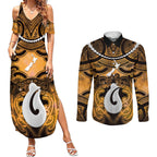 Personalised Maori Matariki Hei Matau Kowhai Couples Matching Summer Maxi Dress and Long Sleeve Button Shirt Maori Kowhaiwhai Pattern Galaxy