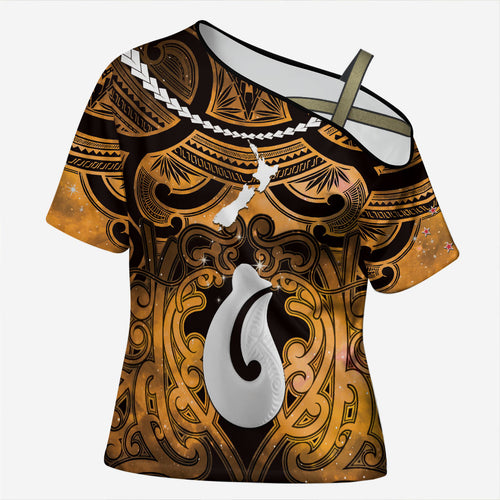 Personalised Maori Matariki Hei Matau Kowhai Cross Shoulder Shirt Maori Kowhaiwhai Pattern Galaxy