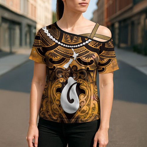 Personalised Maori Matariki Hei Matau Kowhai Cross Shoulder Shirt Maori Kowhaiwhai Pattern Galaxy