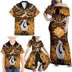 Personalised Maori Matariki Hei Matau Kowhai Family Matching Off Shoulder Maxi Dress and Hawaiian Shirt Maori Kowhaiwhai Pattern Galaxy