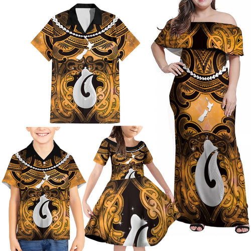 Personalised Maori Matariki Hei Matau Kowhai Family Matching Off Shoulder Maxi Dress and Hawaiian Shirt Maori Kowhaiwhai Pattern Galaxy