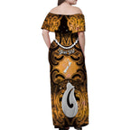 Personalised Maori Matariki Hei Matau Kowhai Family Matching Off Shoulder Maxi Dress and Hawaiian Shirt Maori Kowhaiwhai Pattern Galaxy