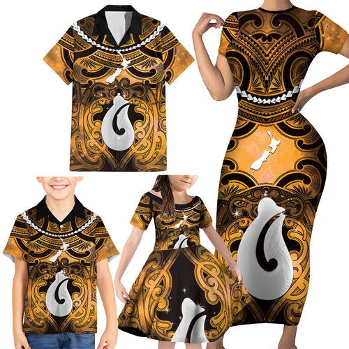 Personalised Maori Matariki Hei Matau Kowhai Family Matching Short Sleeve Bodycon Dress and Hawaiian Shirt Maori Kowhaiwhai Pattern Galaxy