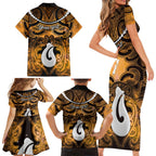 Personalised Maori Matariki Hei Matau Kowhai Family Matching Short Sleeve Bodycon Dress and Hawaiian Shirt Maori Kowhaiwhai Pattern Galaxy