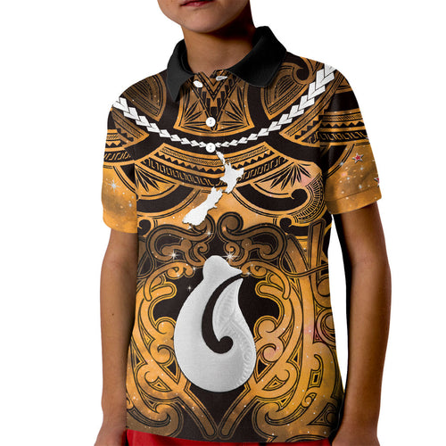 Personalised Maori Matariki Hei Matau Kowhai Kid Polo Shirt Maori Kowhaiwhai Pattern Galaxy