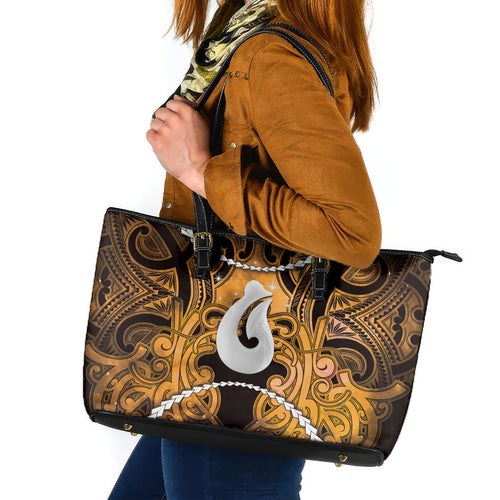Maori Matariki Hei Matau Kowhai Leather Tote Bag Maori Kowhaiwhai Pattern Galaxy
