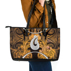 Maori Matariki Hei Matau Kowhai Leather Tote Bag Maori Kowhaiwhai Pattern Galaxy