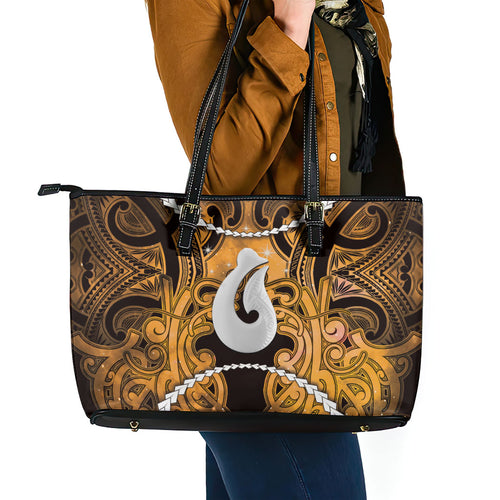 Maori Matariki Hei Matau Kowhai Leather Tote Bag Maori Kowhaiwhai Pattern Galaxy