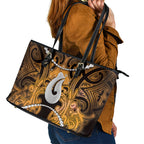 Maori Matariki Hei Matau Kowhai Leather Tote Bag Maori Kowhaiwhai Pattern Galaxy
