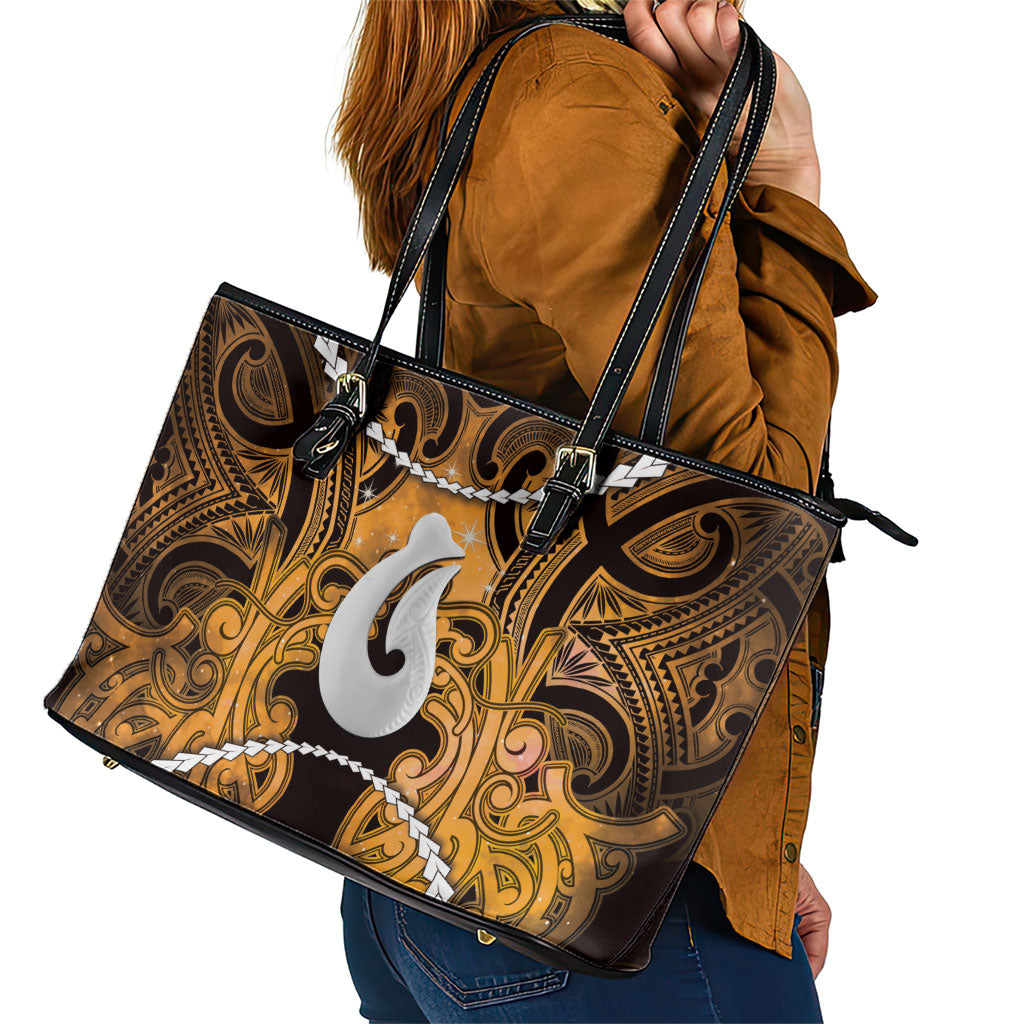Maori Matariki Hei Matau Kowhai Leather Tote Bag Maori Kowhaiwhai Pattern Galaxy