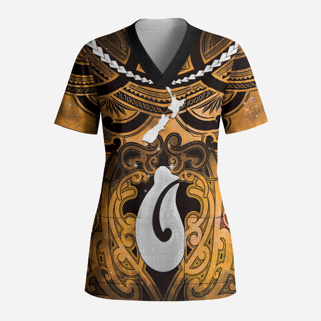 Personalised Maori Matariki Hei Matau Kowhai Scrub Top Maori Kowhaiwhai Pattern Galaxy
