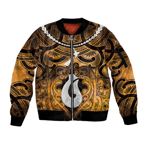 Personalised Maori Matariki Hei Matau Kowhai Sleeve Zip Bomber Jacket Maori Kowhaiwhai Pattern Galaxy