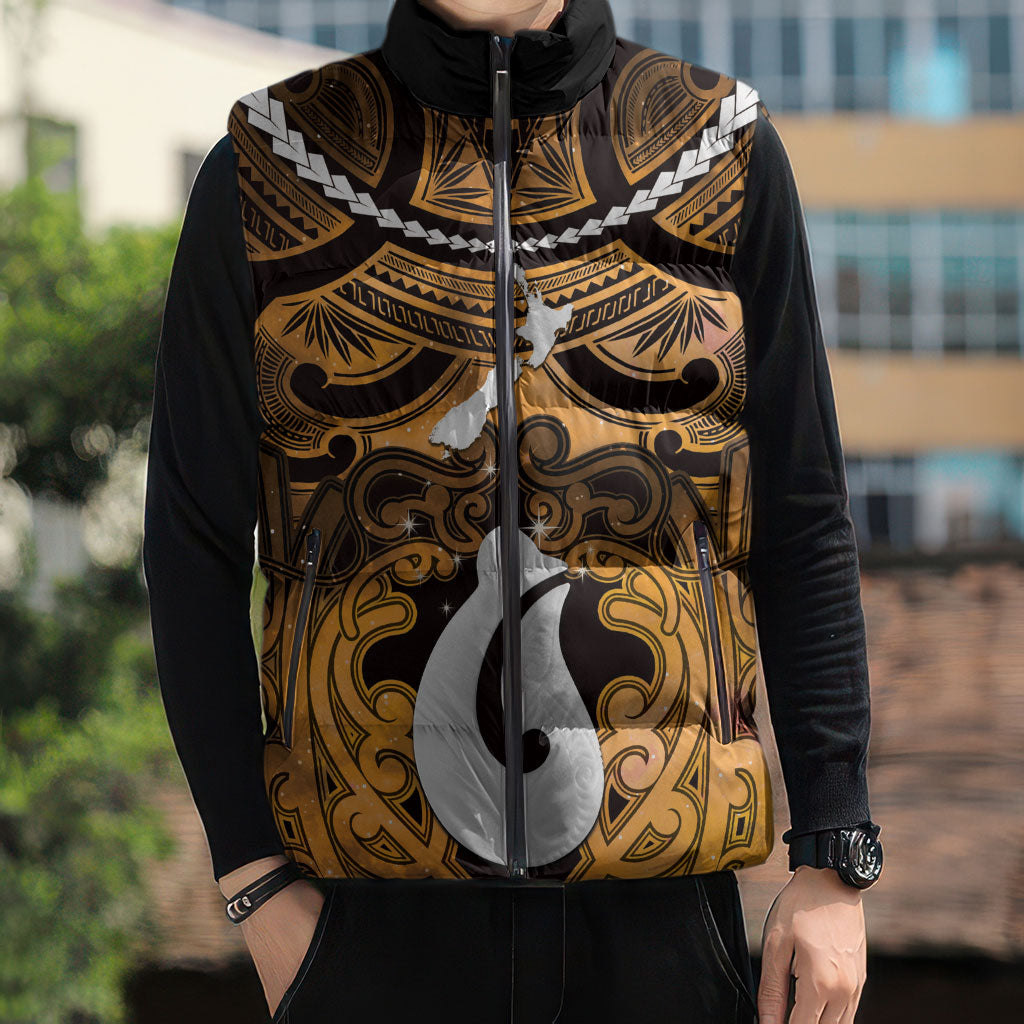 Personalised Maori Matariki Hei Matau Kowhai Sleeveless Puffer Jacket Maori Kowhaiwhai Pattern Galaxy
