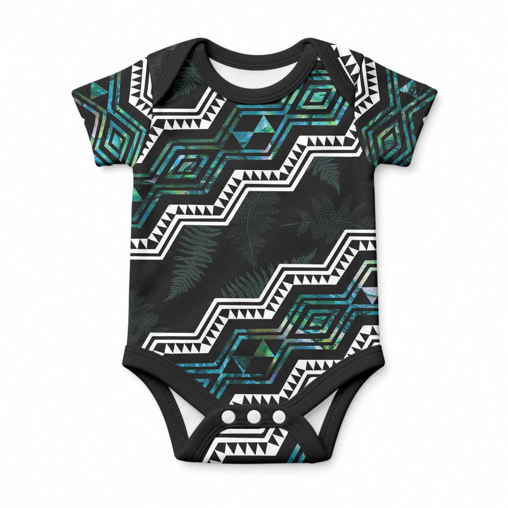 Personalised Taniko Aotearoa Mix Paua Shell Baby Onesie Niho Taniwha Turquoise Glitter