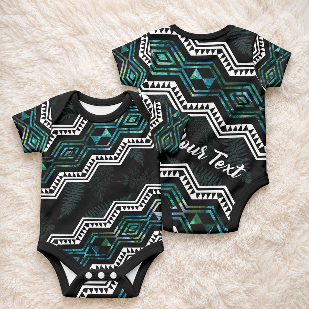 Personalised Taniko Aotearoa Mix Paua Shell Baby Onesie Niho Taniwha Turquoise Glitter