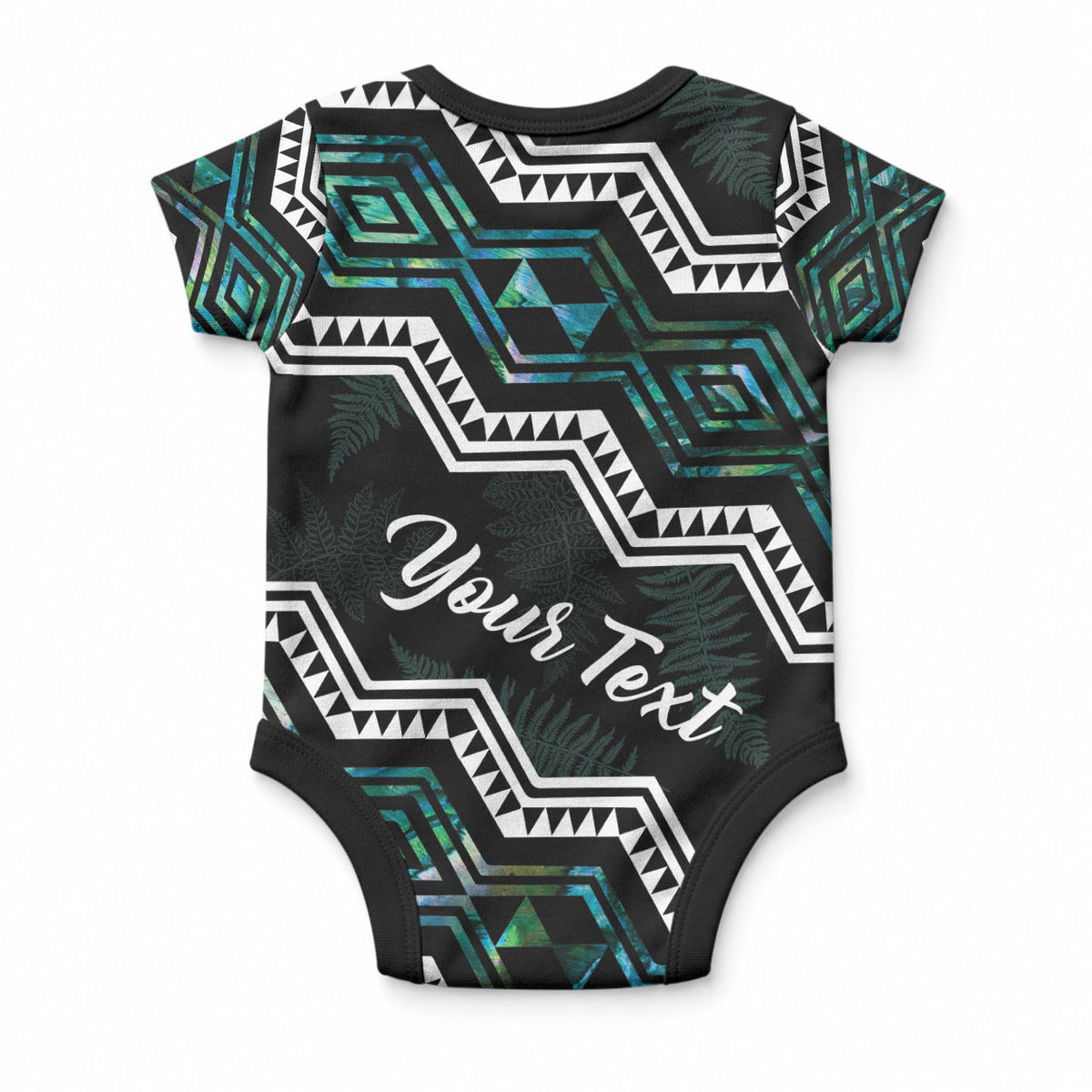 Personalised Taniko Aotearoa Mix Paua Shell Baby Onesie Niho Taniwha Turquoise Glitter