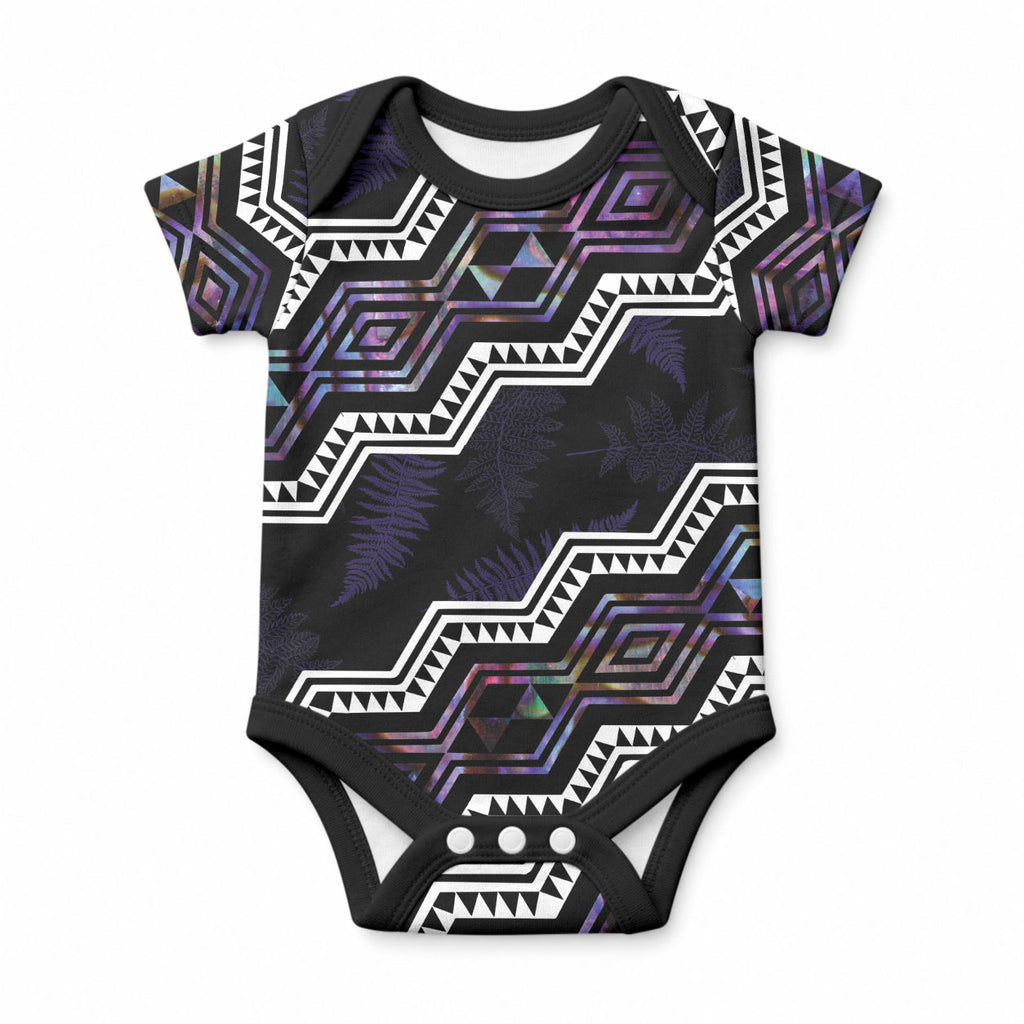 Personalised Taniko Aotearoa Mix Paua Shell Baby Onesie Niho Taniwha Lilac Glitter