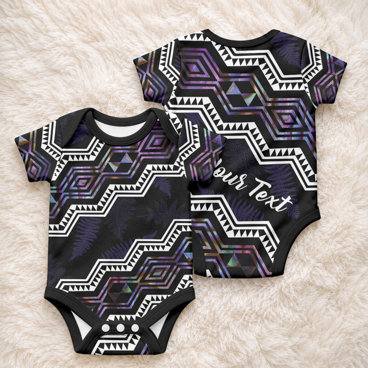 Personalised Taniko Aotearoa Mix Paua Shell Baby Onesie Niho Taniwha Lilac Glitter