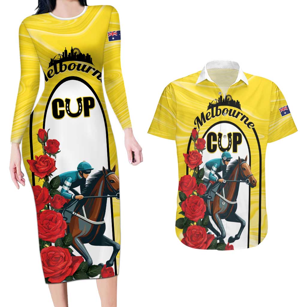 Personalised Melbourne Horse Racing Couples Matching Long Sleeve Bodycon Dress and Hawaiian Shirt The Race That Stops The Nation