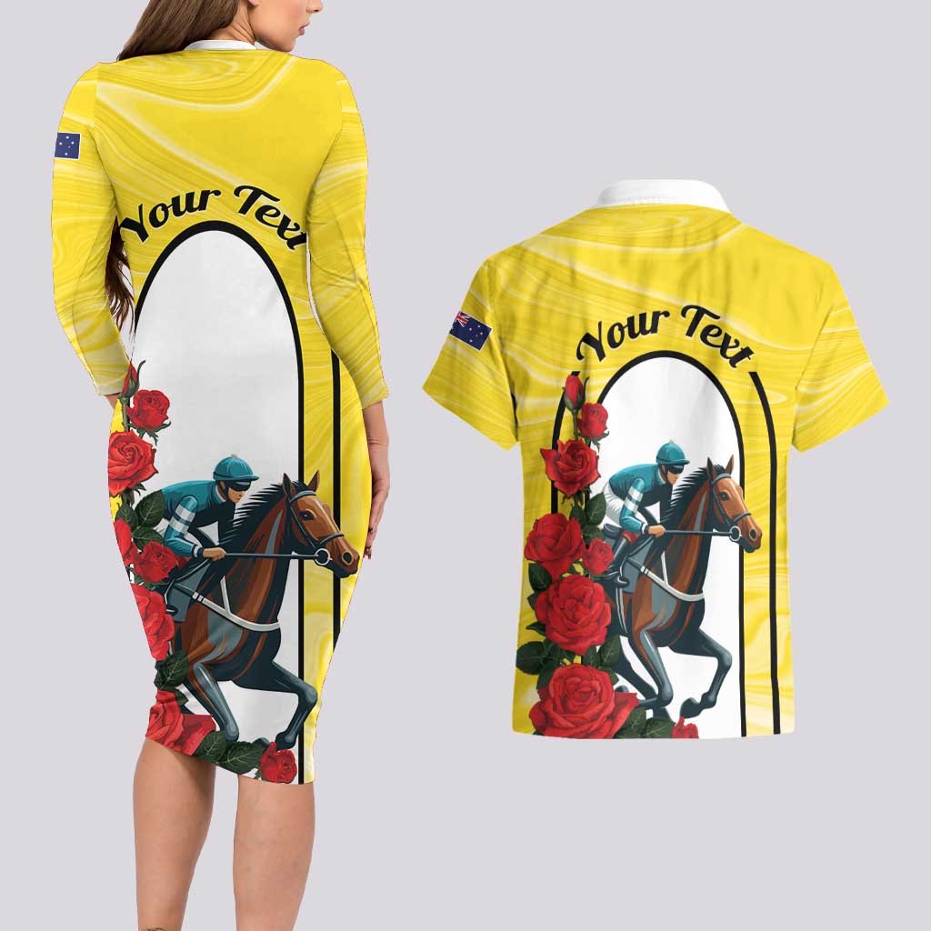 Personalised Melbourne Horse Racing Couples Matching Long Sleeve Bodycon Dress and Hawaiian Shirt The Race That Stops The Nation