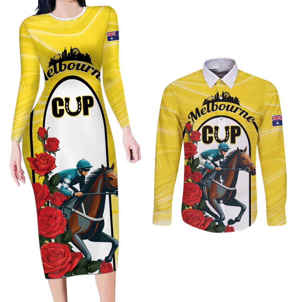 Personalised Melbourne Horse Racing Couples Matching Long Sleeve Bodycon Dress and Long Sleeve Button Shirt The Race That Stops The Nation