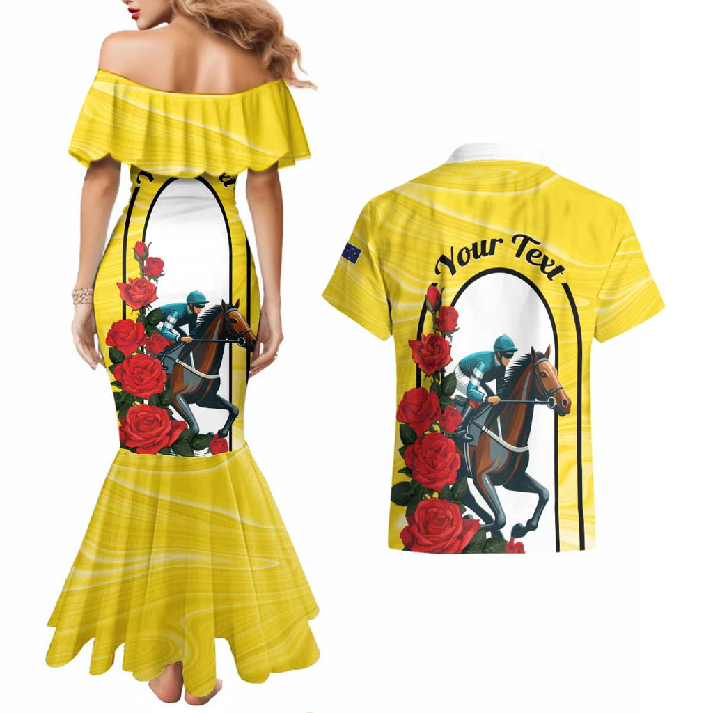 Personalised Melbourne Horse Racing Couples Matching Mermaid Dress and Hawaiian Shirt The Race That Stops The Nation
