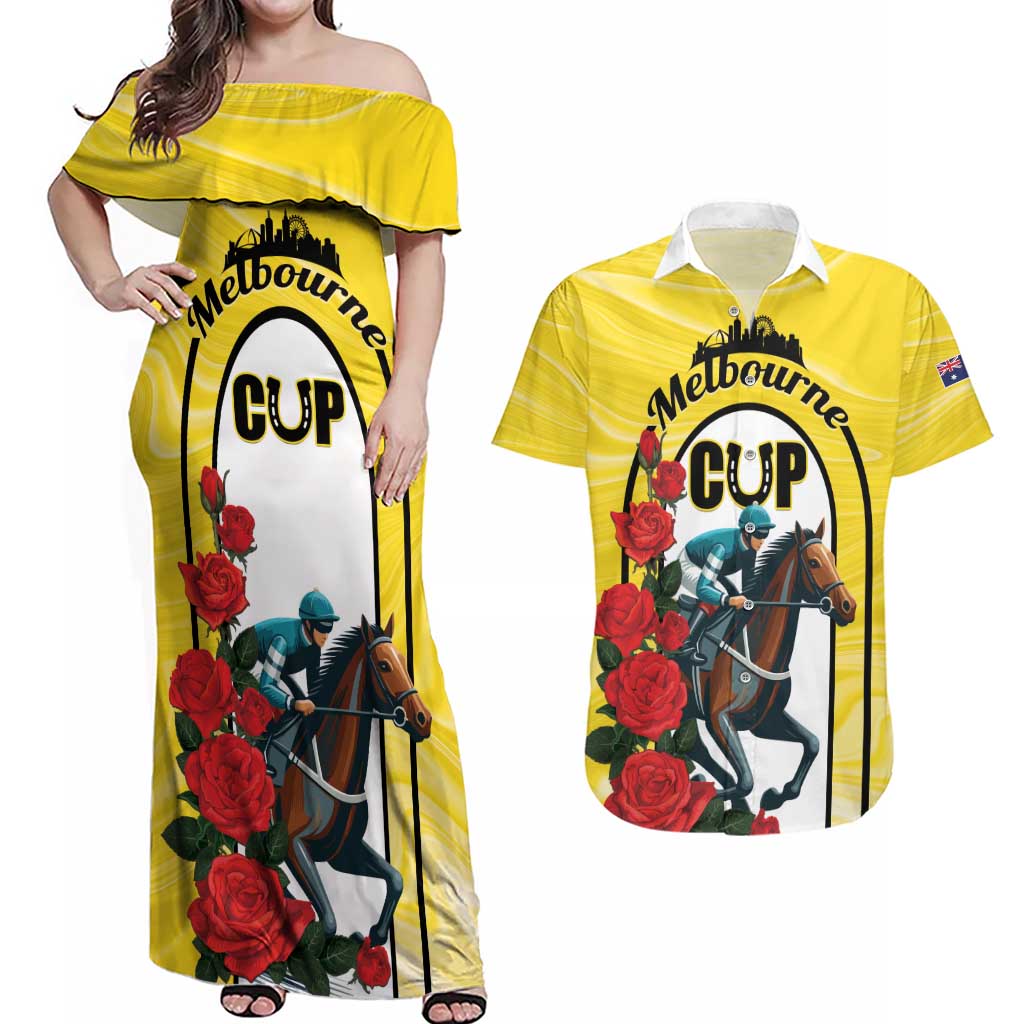 Personalised Melbourne Horse Racing Couples Matching Off Shoulder Maxi Dress and Hawaiian Shirt The Race That Stops The Nation