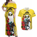 Personalised Melbourne Horse Racing Couples Matching Off Shoulder Maxi Dress and Hawaiian Shirt The Race That Stops The Nation