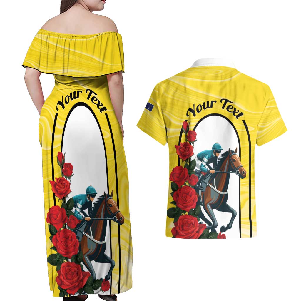 Personalised Melbourne Horse Racing Couples Matching Off Shoulder Maxi Dress and Hawaiian Shirt The Race That Stops The Nation