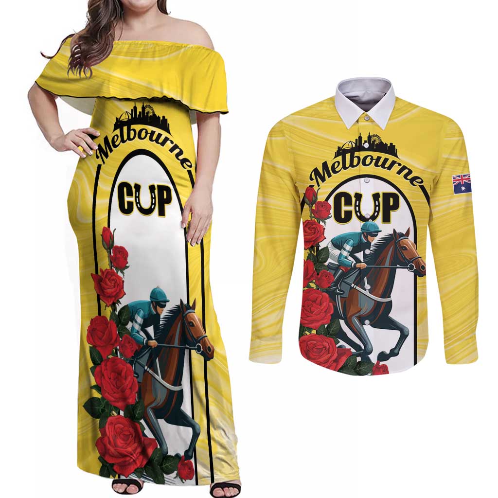 Personalised Melbourne Horse Racing Couples Matching Off Shoulder Maxi Dress and Long Sleeve Button Shirt The Race That Stops The Nation