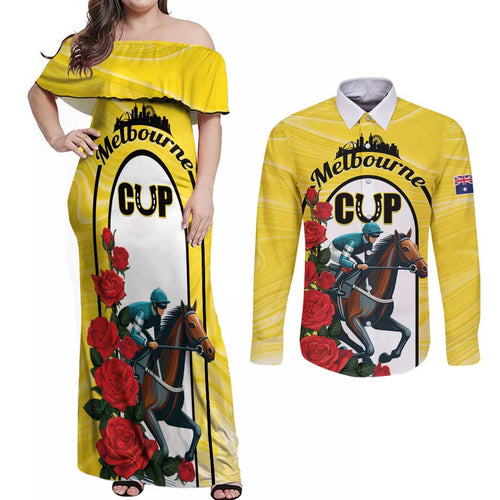 Personalised Melbourne Horse Racing Couples Matching Off Shoulder Maxi Dress and Long Sleeve Button Shirt The Race That Stops The Nation